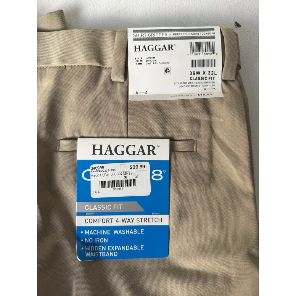 Haggar Dress Pants Mens 36x32 Classic Fit‎ Shirt Gripper 4 Way Stretch Tan